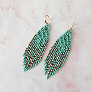 Turquoise Miyuki Beaded Fringe Earrings: Long Dangle Earrings / Steel Hook