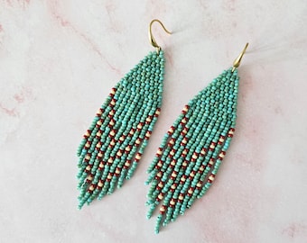 Turquoise Miyuki beaded fringe earrings / Seed Bead Fringe Earrings