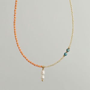 Minimal Beaded Necklace with Turquoise and Pearl |Handmade Miyuki Gemstone Choker/ Seed Bead Pendant Necklace/Beaded Necklace/Charm Necklace