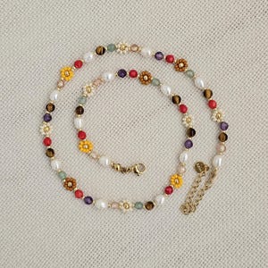Handmade Colorful Beaded Necklace/Pearl and Bead and Natural Gemstones Pendant Necklace/Beaded Choker Necklace/Multi Gemstone Necklace/Gift
