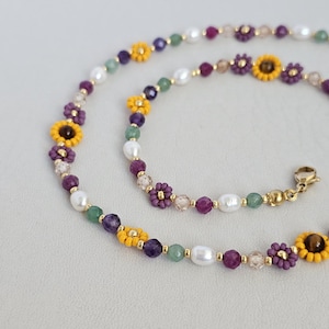 Natural Gemstone Beaded Necklace – Pearl, Ruby, Amethyst, Aventurine, Zircon with Miyuki Flowers /Flower Beaded Necklace / Handmade Necklace