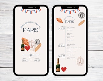 Paris Trip Digital Itinerary | E-Vite | Birthday, Hen, Weekend Break, Editable Template, Instant Download