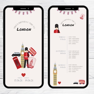 以下が含まれることがあります： ロンドンへの誕生日旅行の旅程が書かれたデジタル携帯電話の画面のモックアップ。旅程には、観光、カクテル、ディナーなど、各日のアクティビティのリストが含まれています。画像には、赤い電話ボックス、赤い2階建てバス、赤い警備員も描かれています。