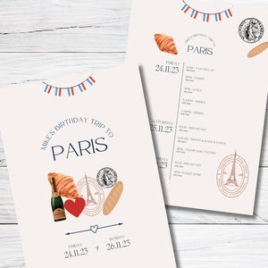 Itinerario de viaje a París, cumpleaños, despedida de soltera, fin de semana, plantilla editable, descarga instantánea