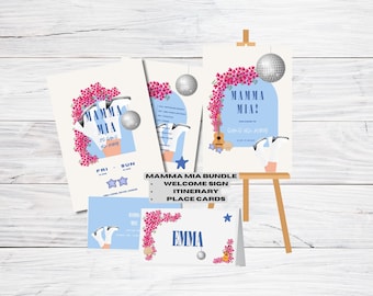Mamma Mia Hen Party Bundle: Itinerary, Welcome Sign, Placecards (Digital Download)
