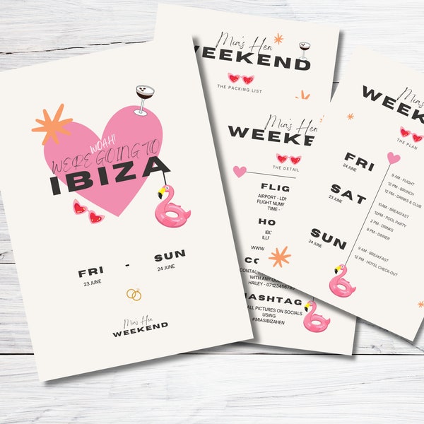 IBIZA HEN PARTY | 4 Page Hen Party Itinerary | Editable Template | Bachelorette Itinerary | Digital Download | Printable Itinerary