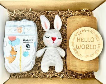 Newborn Gift Box: Crochet Rabbit Doll, Muslin Swaddle