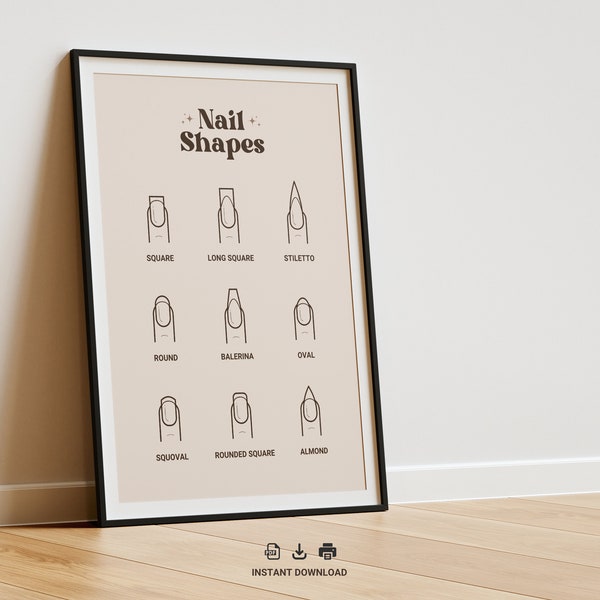 Nageltechnicus Salon muurposter | Gids voor nagelvormen | Beige schoonheid decor digitale download | Boho schoonheidssalon teken