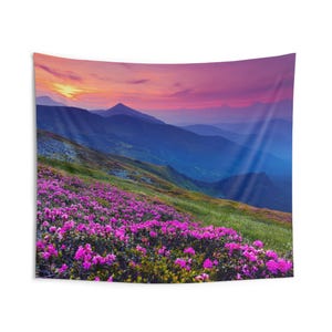 Mountain Sunset Tapestry: Floral Mountainscape Wall Hanging