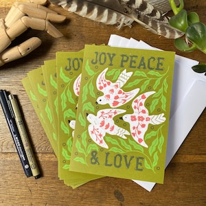 Joy Peace Love, Taubenfamilie und Palmenblätter, 10er Set Grußkarten (US & CA)