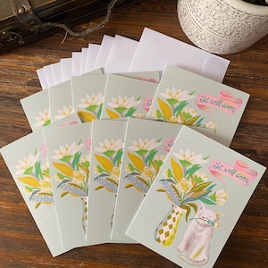 Paquete de 10 tarjetas de felicitación con mensaje "Mejórate pronto" de Whimsical Kitty (EE. UU. y Canadá)