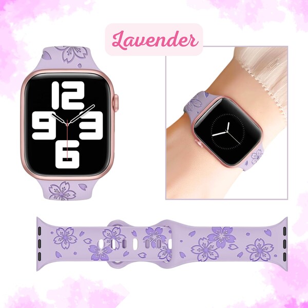 Bracelet pour Apple Watch en silicone lavande • Bracelets en silicone à fleurs • Montres en silicone • Bracelet de montre en silicone Apple 38 mm 40 mm 41 mm • Bracelet en silicone