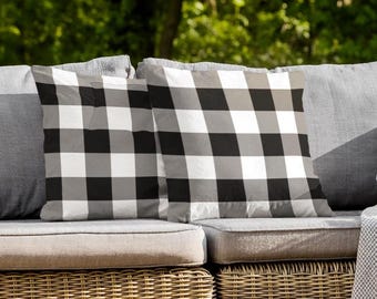 Gingham Check Outdoor Pillow: Black & White Patio Decor - USA Made