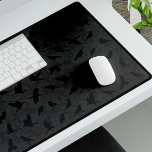 Gothic Desk Mat - Elegant Black on Black Crows Pattern, Dark Academia Style Office Decor