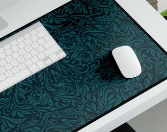 Teal Floral Desk Mat: Elegant Office Decor, Non-Slip Base (No AI)
