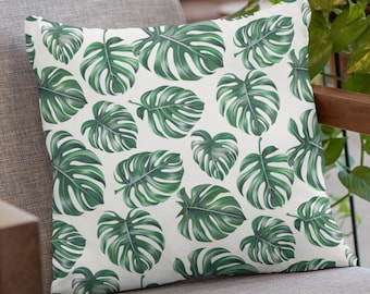 Monstera Leaf Pillow: Faux Suede Botanical Print Throw Pillow