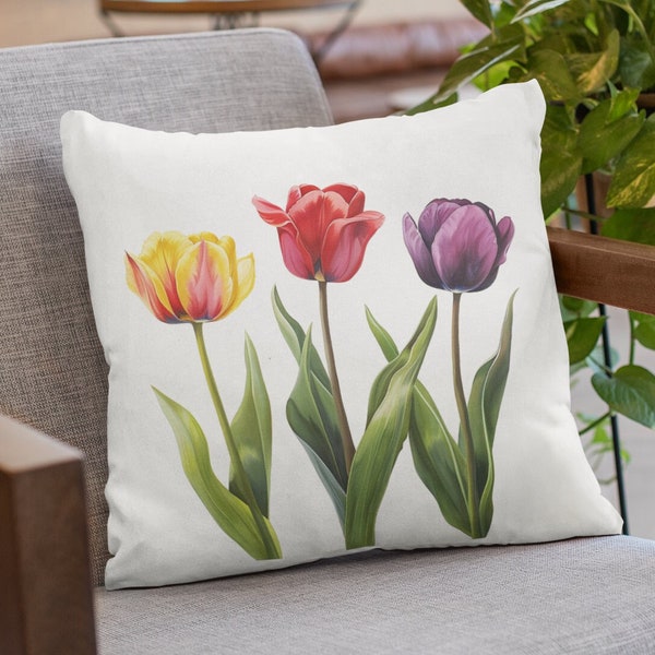 Tulips Pillow, Botanical Pillow, Soft Faux Suede Flower Pillow, Spring Pillow, Decorative Pillow, Housewarming Gift, Gift for Flower Lover