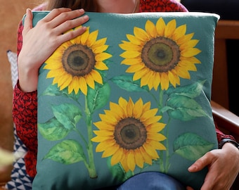 Teal Sunflower Pillow: Soft Faux Suede Throw Pillow