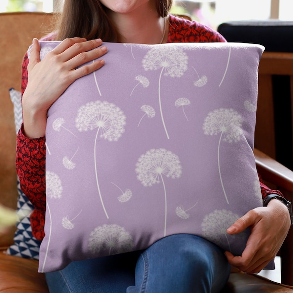 Dandelion Pillow, Lavender Dandelion Pattern Pillow, Soft Faux Suede Square Pillow