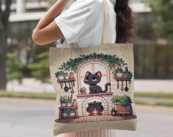 Cute Cat Familiar Witchy Tote Bag - Carryall, Double-Sided Tote Bag, Gift for Cat Lovers,Dark Academia Gift, Cottagecore Gift, Cool Tote Bag