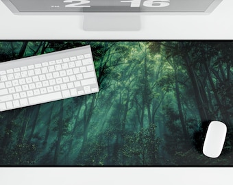 Lush Green Forest Desk Mat: Moody Woodland Scene