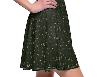 Dark Green Celestial Skirt, Lightweight Women's Skirt with 5% Spandex, Elastic Waist, Boho Chic Fashion, Perfect for Summer Events