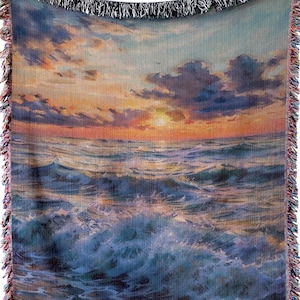 Beach Sunset Woven Blanket: 100% Cotton Fringed Tapestry