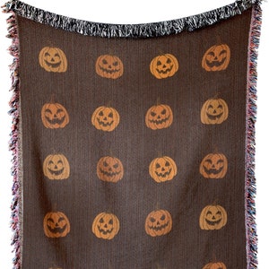 Halloween geweven deken: pompoenen, 100% katoen, herfsttapijt (geen AI)