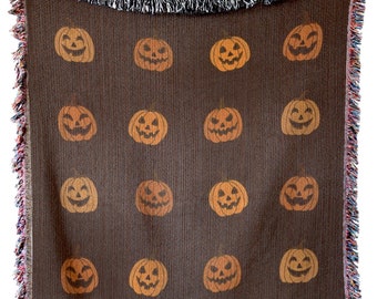 Halloween Woven Blanket: Jack O'Lanterns, 100% Cotton Fall Tapestry (No AI)