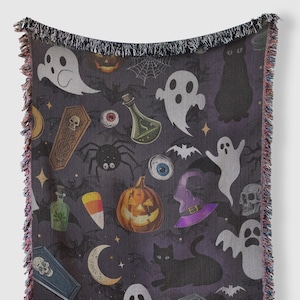 Halloween Woven Blanket: Gothic Witchy Decor, Fringed Cotton Tapestry