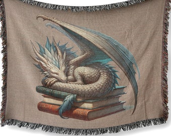 Dragon Book Tapestry: Fantasy Woven Blanket, Library Wall Hanging