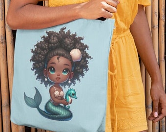 Mermaid and Seahorse Polyester Tote Bag - Tween/Teen Carryall