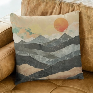 Mountain and Sun Faux Suede Pillow: Cabin Decor