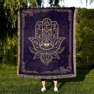 Hamsa Woven Blanket | 100% Cotton Protection Tapestry with Fringed Edges | Cozy Home Decor | Woven Wall Hangings, Comfort & Protection Throw