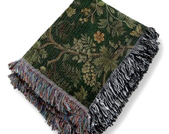 Forest Green Woven Blanket: Cottagecore Leaf Tapestry, 100% Cotton