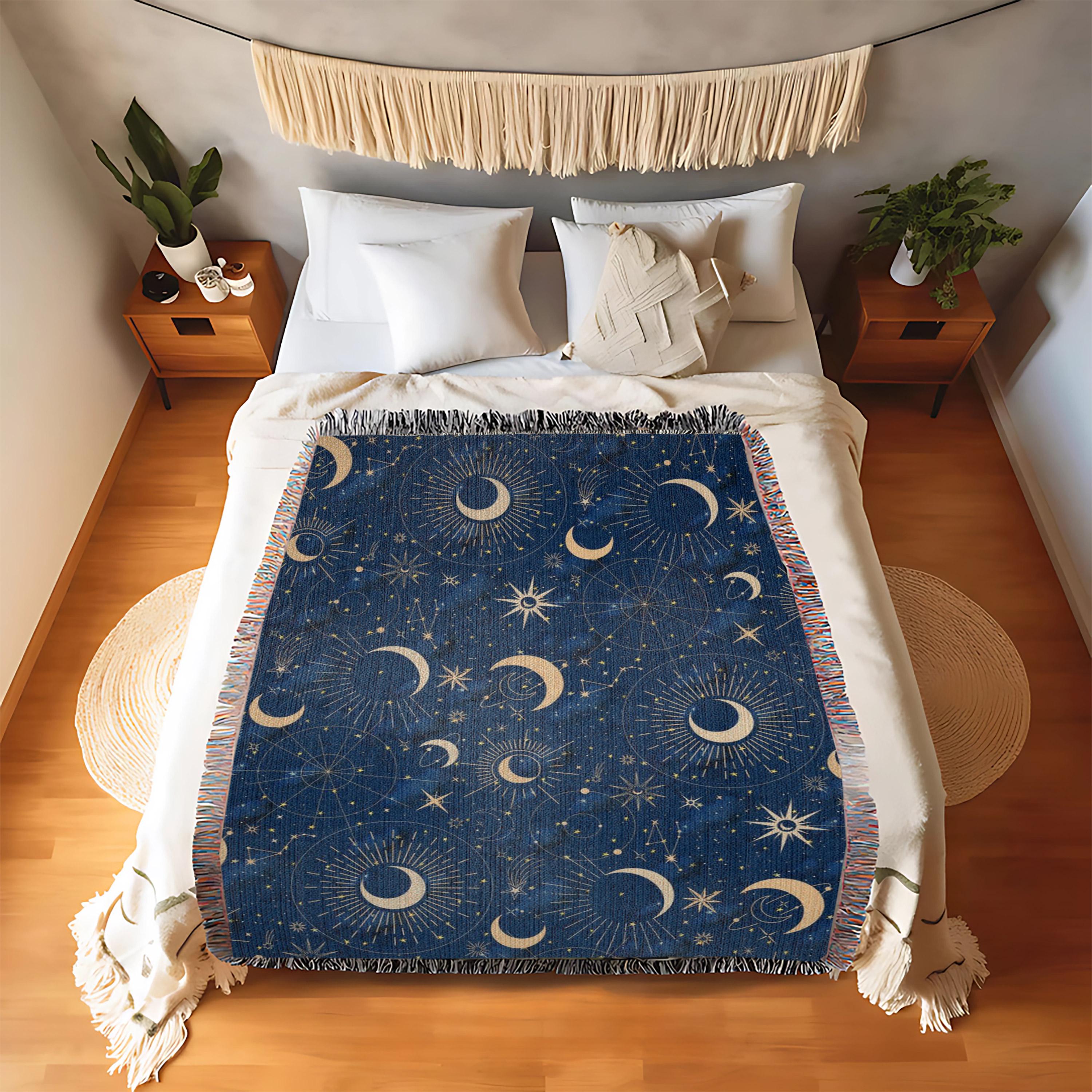 Celestial Woven Blanket: Moon & Stars Cotton Tapestry, Fringed