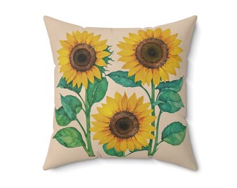 Beige Sunflower Pillow: Soft Faux Suede Square Throw Pillow