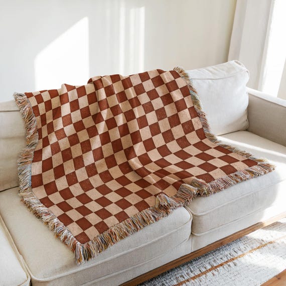 Checkered Cotton Woven Blanket: Terracotta Brown Fringed Throw