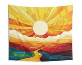 Sunrise Horizon Wall Tapestry: Stained Glass Style Sun Art
