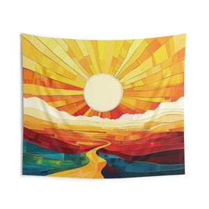 Sunrise Horizon Wall Tapestry, Inspirational Sunrise Indoor Wall Tapestry, Sun Wall Hanging, Stained Glass Window Sun Wall Hanging