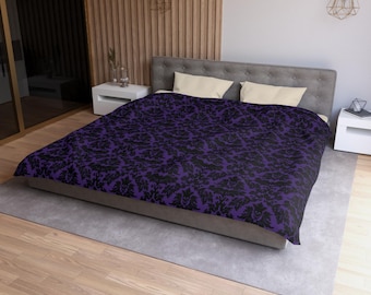 Gothic Damask Pattern Microfiber Duvet Cover, Haunted Mansion-Inspired Bedding, Purple Black Victorian Floral Duvet Cover
