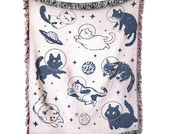Space Cats Woven Blanket: Whimsical Cotton Tapestry, Cozy Decor