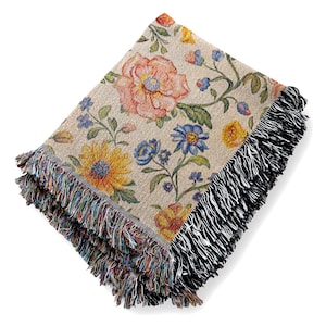 Boho Floral Woven Blanket: 100% Cotton Cottagecore Throw