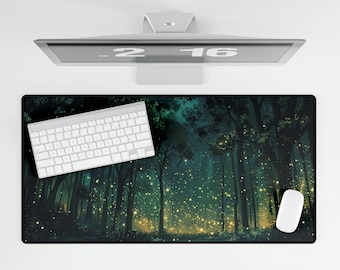 Firefly Forest Desk Mat: Elegant Dark Green Computer Mat