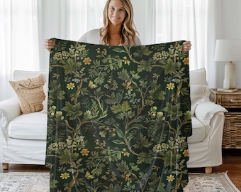 Dark Green Plush Blanket - Extra-Soft Fine Quality Double-Sided, Forest Leaf, Dark Cottagecore Decor, Dark Academia Decor, Fleece Blanket
