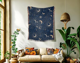 天体模様の織りブランケット：月と星のコットンタペストリー、フリンジ