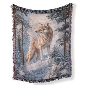 Winter Wolf Woven Blanket: Snowy Forest Tapestry, 100% Cotton
