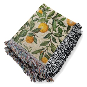 Orange Tree Woven Blanket: Cotton Cottagecore Throw