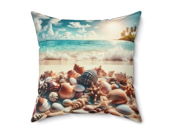 Oreiller de plage en coquillage : décoration côtière en faux suède