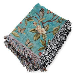 Teal Boho Blanket: Bird & Floral Fringed Cotton Throw